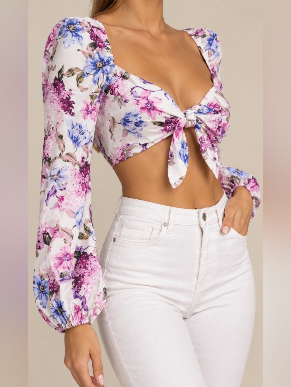 Cami White Floral Tie-Front Crop Top with Pink and Purple Blooms
